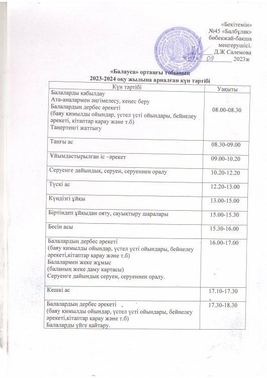 Күн тәртібі. 2023 - 2024 оқу жылы