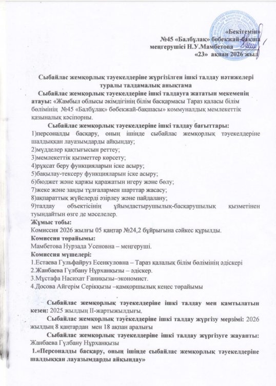 Сыбайлас жемқорлық тәуекелдеріне ішкі талдау нәтижелері туралы талдамалық анықтама.